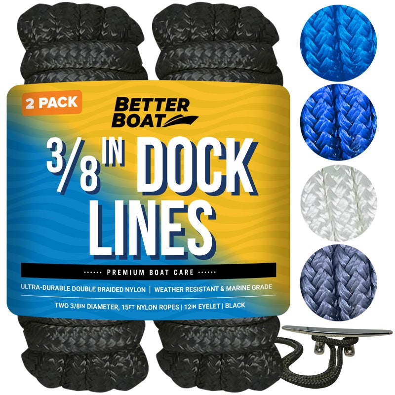 Better Boat Dock Lines Boat Ropes for Docking, 3/8" Double Braided Mooring Marine Rope, 15ft Nylon Rope with Loop, Black, 2 Pack - Image 1